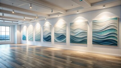 Ethereal, undulating abstract waves in soothing hues cascade across a pristine white gallery wall, evoking serenity and contemplation.