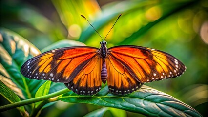 Fototapeta premium Vibrant orange and black butterfly perches delicately on a soft green leaf, showcasing intricate wings and gentle morning light ambiance.