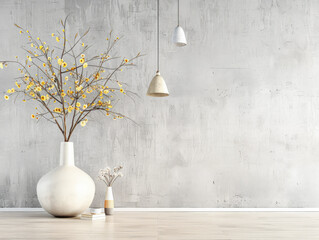 Elegant minimalist room interiors with Japanese decor, in neutral contrasting tone with lots of window lighting and copy space. Property advertising conceptual image for Real Estate.