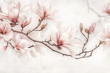 Elegant magnolia blossom branch with soft pink flowers and delicate petals on a light background perfect for aesthetic designs.