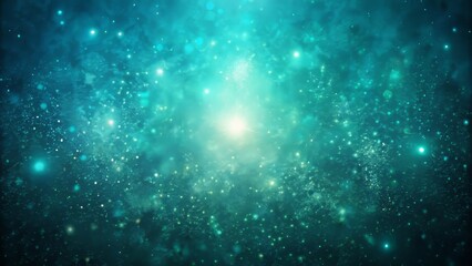 Obraz premium Dark, mystical, retro-inspired teal to blue gradient background with intense glowing light, rough grain, and luminous bright speckles.