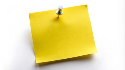 A solitary bright yellow sticky note with a gleaming silver pin anchored to a pristine white background, awaiting inspiration.
