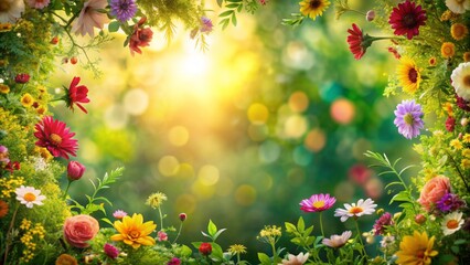 Vibrant bokeh-filled frame capturing lush greenery, warm sunlight, and delicate flower petals against a soft, blurred, multicolored nature backdrop.