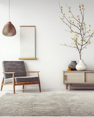 Elegant minimalist room interiors with Japanese decor, in neutral contrasting tone with lots of window lighting and copy space. Property advertising conceptual image for Real Estate.