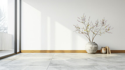 Elegant minimalist room interiors with Japanese decor, in neutral contrasting tone with lots of window lighting and copy space. Property advertising conceptual image for Real Estate.