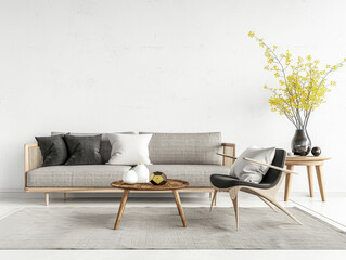 Elegant minimalist room interiors with Japanese decor, in neutral contrasting tone with lots of window lighting and copy space. Property advertising conceptual image for Real Estate.