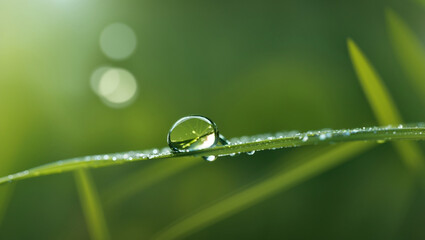 A single water droplet sits on a blade of grass