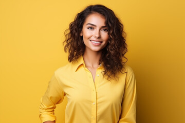 Fototapeta premium Portrait of a beautiful young woman smiling and looking at camera isolated on a yellow background
