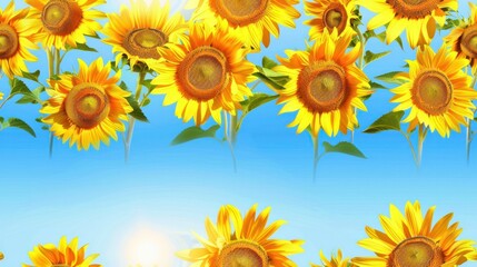 A vibrant field of sunflowers basking in the warm sunshine.  The yellow petals glow against the bright blue sky.