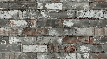 Weathered brick wall with peeling paint in shades of gray, white, and red.