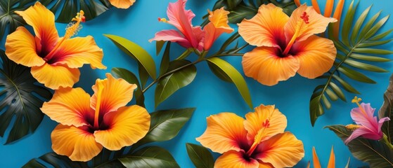 Vibrant tropical hibiscus flowers in shades of pink, orange, and yellow with lush green leaves on a bright blue background.