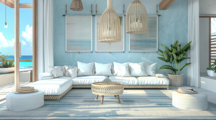 Dive into coastal serenity with a living room featuring light and airy color schemes, adorned in soft azure blues and pristine whites. Experience the tranquility of seaside living.