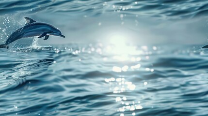 Fototapeta premium Two playful dolphins leap from the water, sun sparkling on the waves.