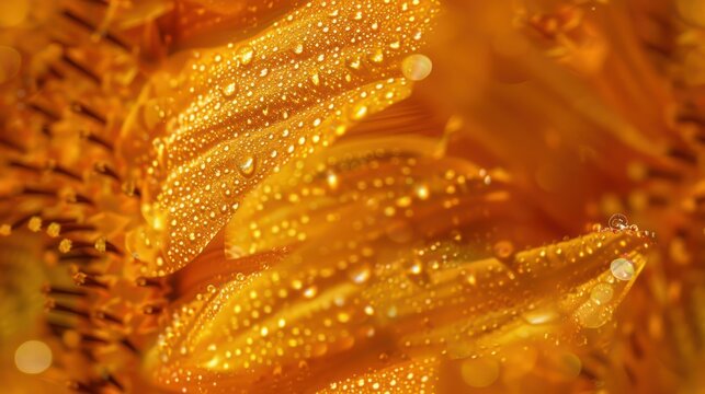 Close-up of dew drops on sunflower petals, showcasing a vibrant and textured natural beauty.
