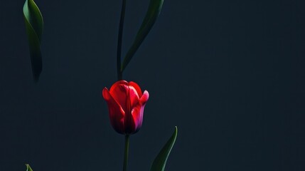Obraz premium Single red tulip with green leaves against a dark blue background.