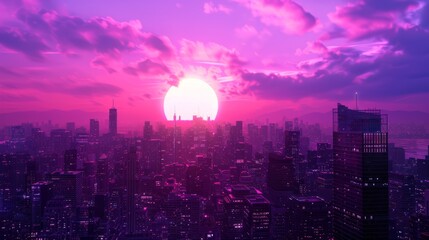 vaporwave style city skyline with buildings and skyscrapers, a purple sun is setting in the background, cyberpunk aesthetic, dark fantasy, neon lights