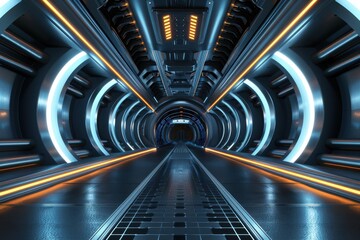 Naklejka premium Futuristic metallic corridor with blue and orange lights, perfect for technology, space travel, and science fiction concepts.