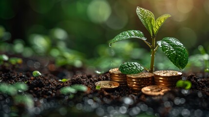 Obraz premium Plant growing on coins with green bokeh background, Business growth concept