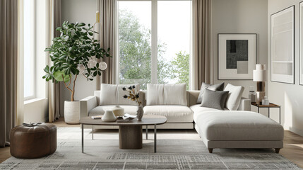 Embrace Scandinavian simplicity in a living room, where functional design meets clean lines. Visualize a palette of muted grays and whites. Experience timeless elegance and comfort.