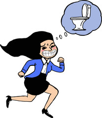 A woman running into the toilet