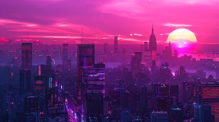 Obraz premium vaporwave style city skyline with buildings and skyscrapers, a purple sun is setting in the background, cyberpunk aesthetic, dark fantasy, neon lights