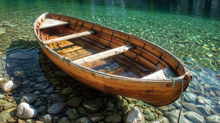 Obraz premium A wooden boat rests on the shore of a calm lake.
