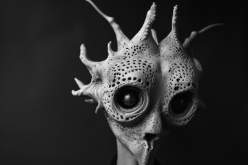 Fototapeta premium Abstract creature with large eyes and textured skin in black and white