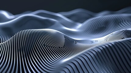 Abstract 3D illustration of silver metallic wave pattern, futuristic technology background. Concept of data, science, innovation and digital landscape