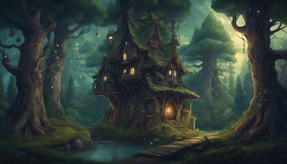 Obraz premium Medieval Fantasy Elf Village inside the Dark Forest Wallpaper Illustration