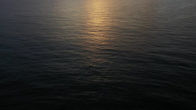 Aerial fly accross the ocean with humpback whales breaching in the horizon infront of ocean sunrise.