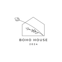botanical boho house line logo design vector