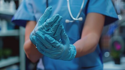 Close up of a doctor putting on blue gloves