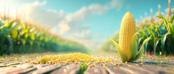 Artistic podium shaped like corn, creative agricultural presentation, highlighting the importance of corn in farming, and space for text on wide banner background