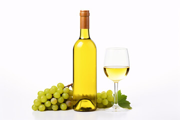 White wine bottle surrounded by wine glass, green grapes and leaves on white background