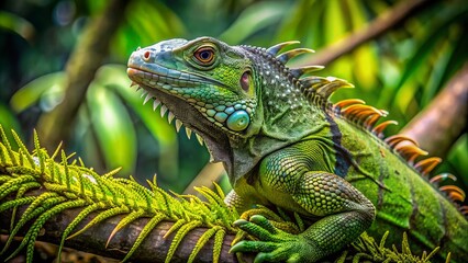 Obraz premium Vibrant green iguana perches on moss-covered tree branch, its scaly skin glistening against a lush, bright green tropical foliage background.