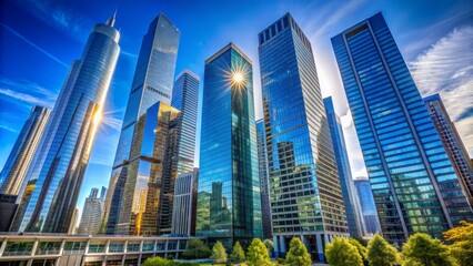 Obraz premium Sleek towering skyscrapers pierce clear blue sky, showcasing modern design, reflective glass facades, and dynamic urban financial district architecture.