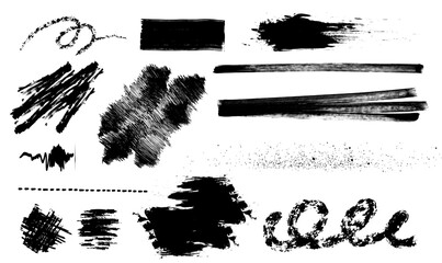 Set of various scribble, brush, charcoal, pencil. Squiggle lines, grunge pen, design element. Vector illustration