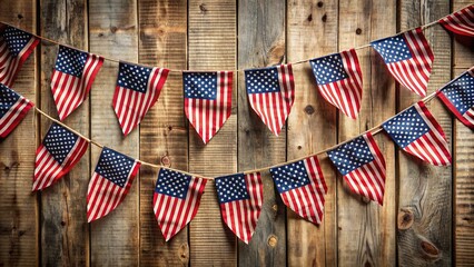 Vibrant patriotic garland featuring Stars and Stripes flags in various sizes, elegantly draped across a rustic wooden background, evoking nostalgia.