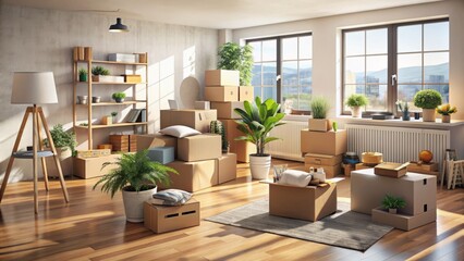 Cozy modern apartment interior with stacked boxes, scattered papers, and random unpacked items, conveying sense of chaos and new beginnings.