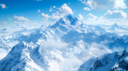 Naklejka premium Majestic snowy mountain peak towering above the clouds, its pristine white slopes contrasting against the deep blue sky