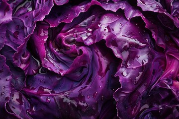 Obraz premium Vibrant fresh red cabbage is creating an abstract pattern with water droplets
