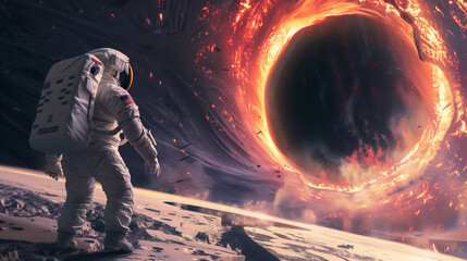 Astronaut looks at black hole and event horizon. 5K realistic science fiction art 