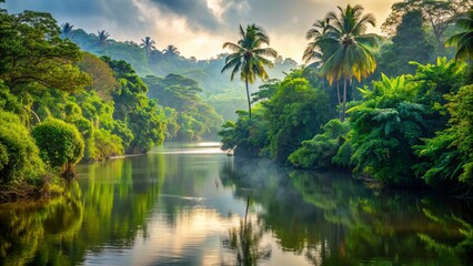 Serene and tranquil Bentota River winds through lush green jungle foliage with majestic trees and foggy misty atmosphere surrounding it.