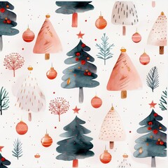 Watercolor Christmas tree pattern with red ornaments and stars.