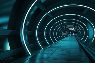 Fototapeta premium Futuristic Metallic Tunnel with Glowing Neon Lights, Concept of Technology, Future, and Innovation