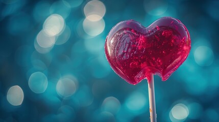 Obraz premium a red heart shaped lollipop on blue bokeh background