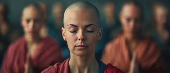 Fototapeta premium Meditative Group of Monks in Deep Concentration with Eyes Closed in Peaceful Setting