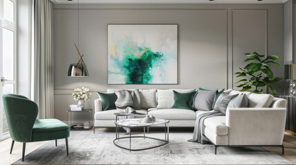 Enter a modern living room adorned in calming neutral tones of soft greys and whites, with occasional pops of vibrant emerald green. 