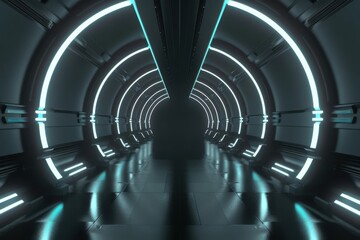 Naklejka premium Futuristic metallic corridor with glowing neon lights. Sci-Fi, spaceship interior. Concept of technology, future, and innovation.