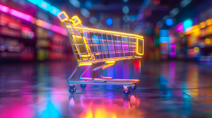 Shopping cart with neon colorful can be viewed in modern stores with copy space